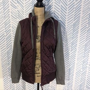 Empyre Burgundy Quilted Puffer Jacket w/ Gray Sweatshirt Sleeves and Hood